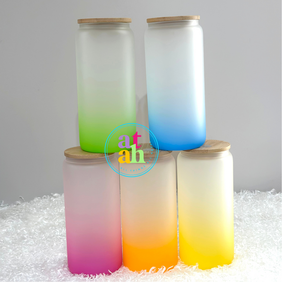 Frosted Color Sublimation Glass Can with Bamboo Lid & Straw